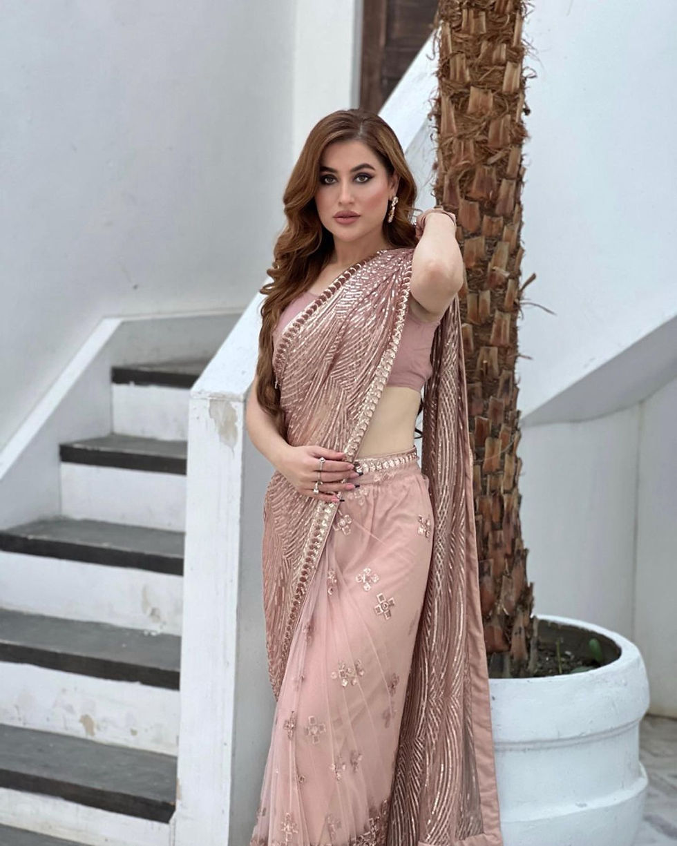Thumbnail: Shimmering Georgette Dream Sequined Saree with Lace Border
