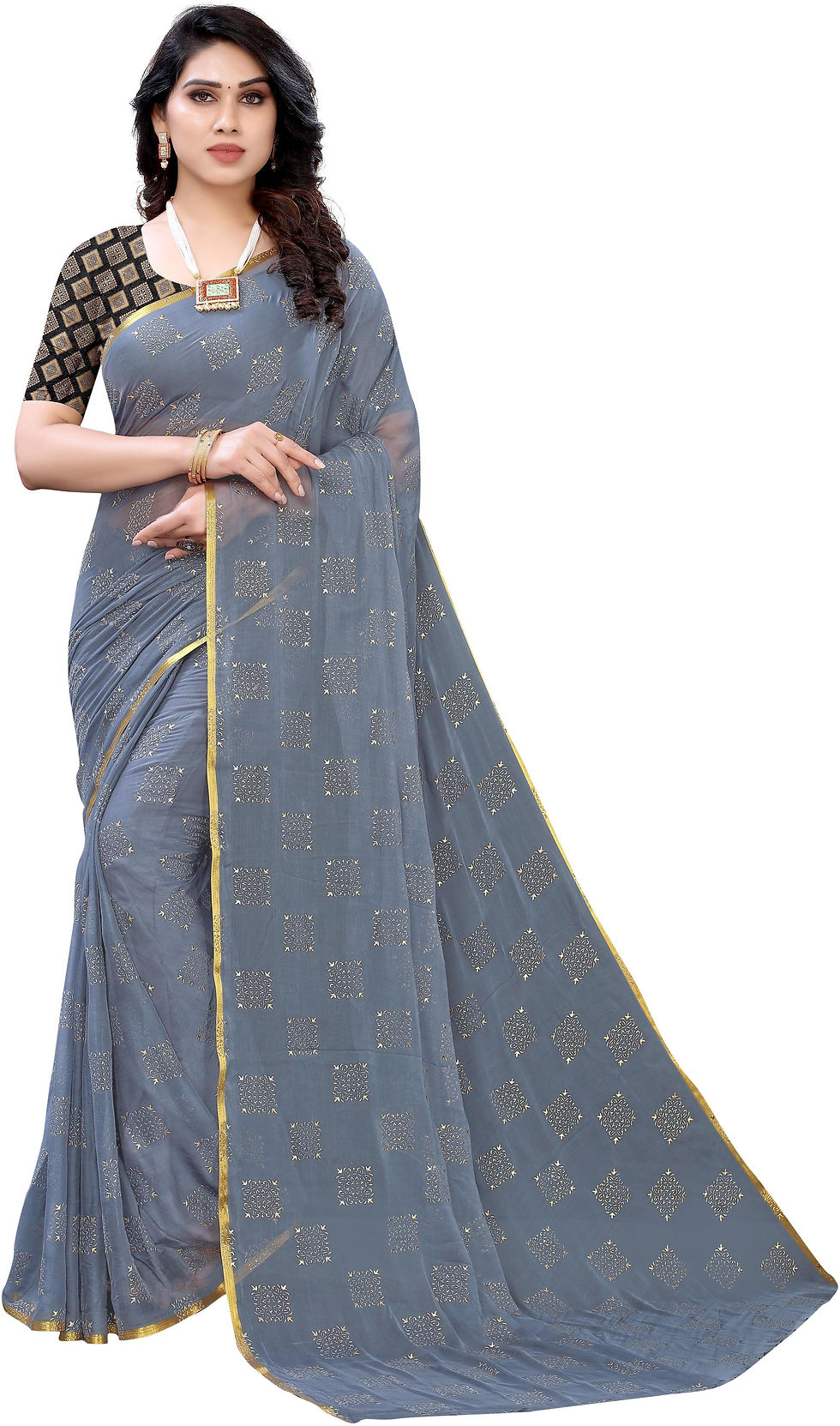 Grey Printed Daily Wear Chiffon Saree Saree Blouse