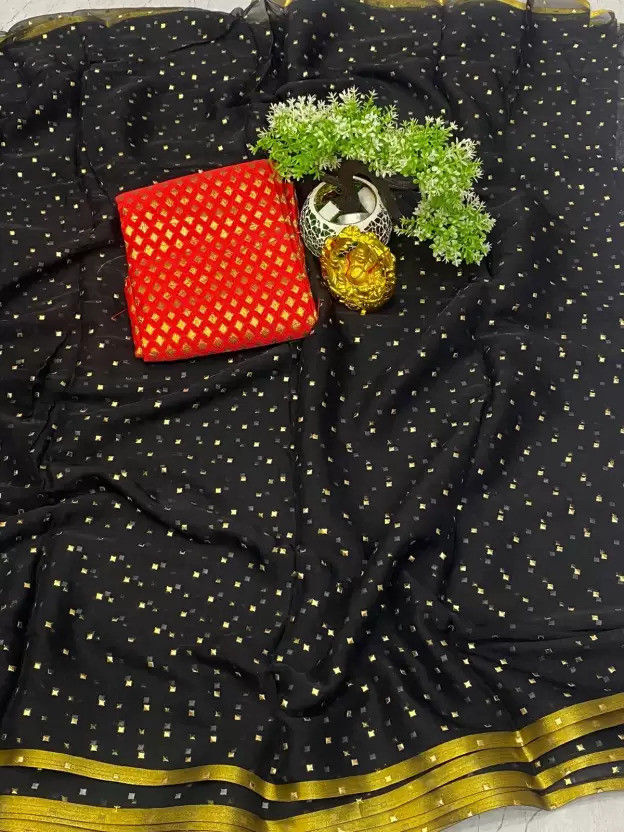 Black Embellished, Polka Print Banarasi Chiffon Saree Saree Blouse