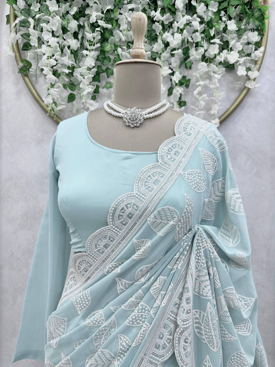 Thumbnail: Sky Blue Faux Georgette Saree with Thread & Sequin Work