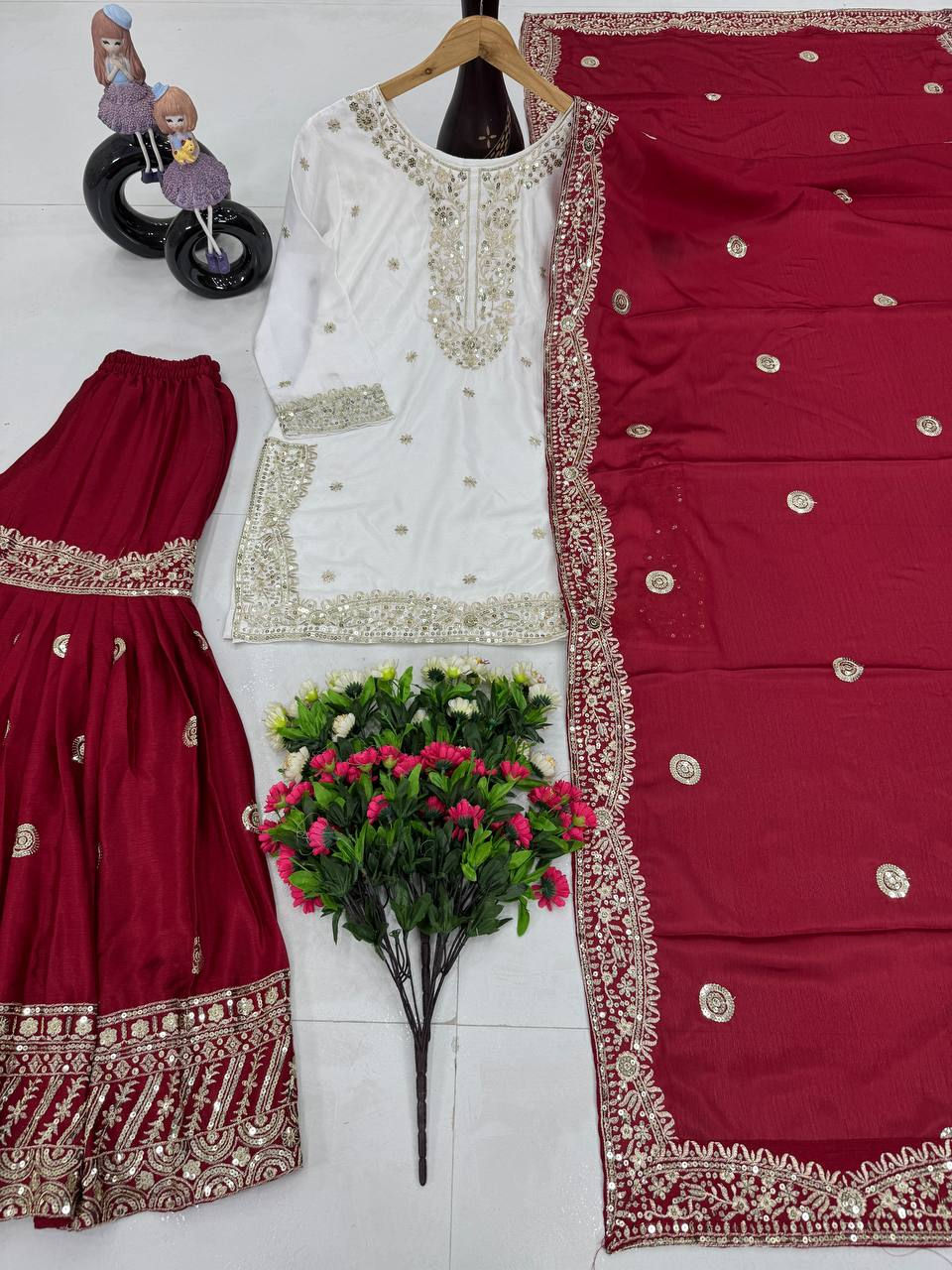 Thumbnail: Party Wear Sharara Set with Embroidered Top, Sharara, and Dupatta