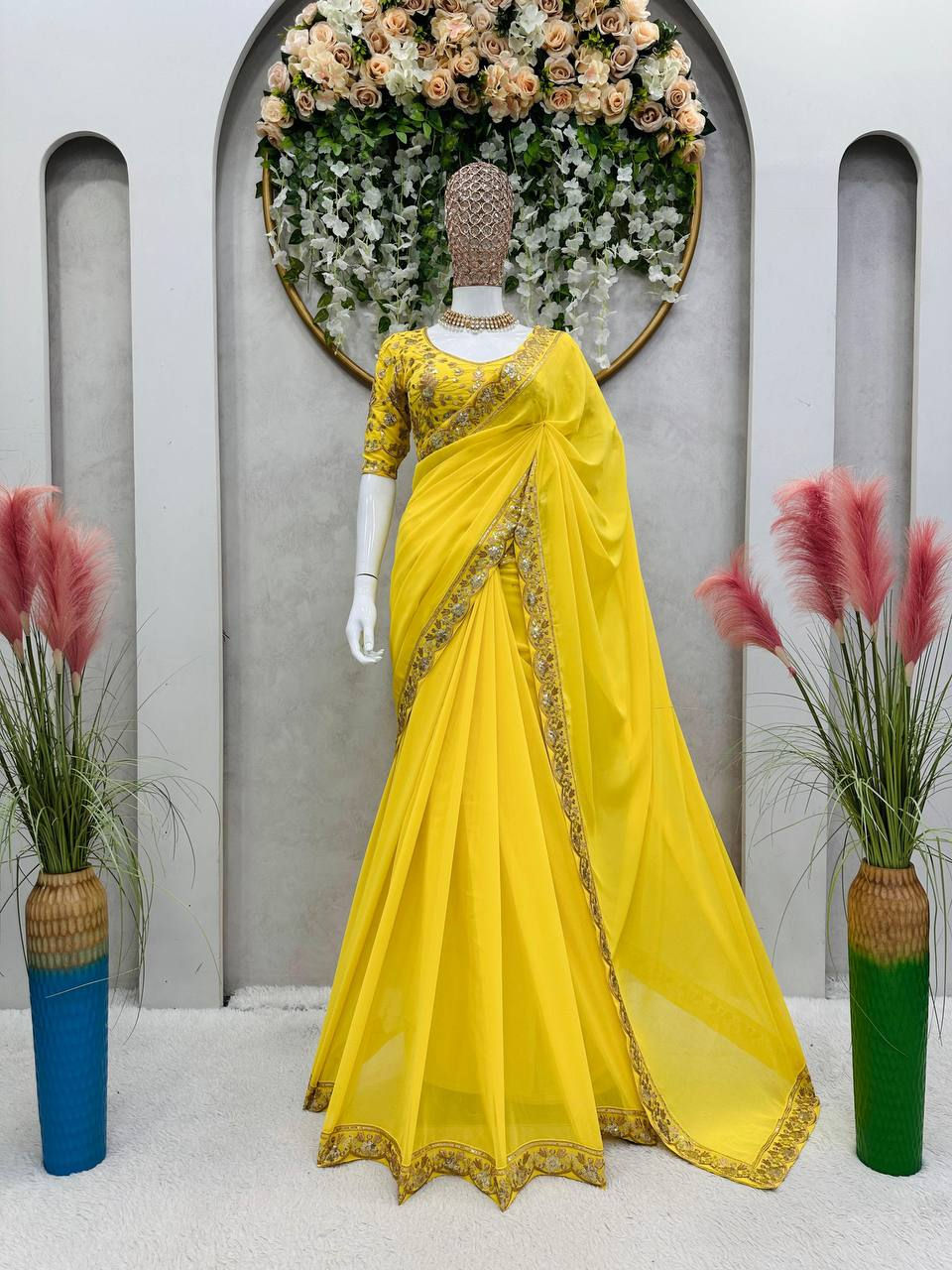 Thumbnail: Sunshine Yellow Faux Georgette Saree with Thread and Sequin Work