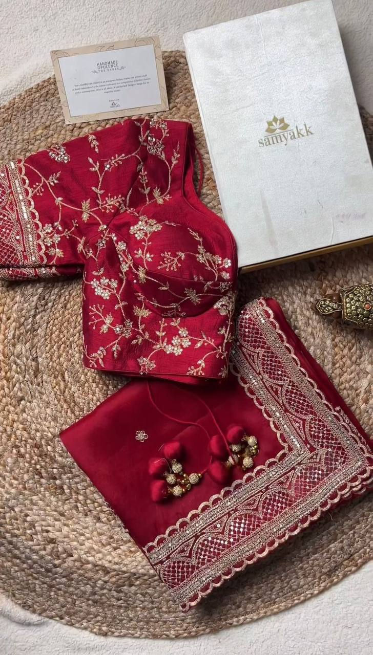 Thumbnail: Red and Onion Two-Tone Tibby Silk Saree with Sequins