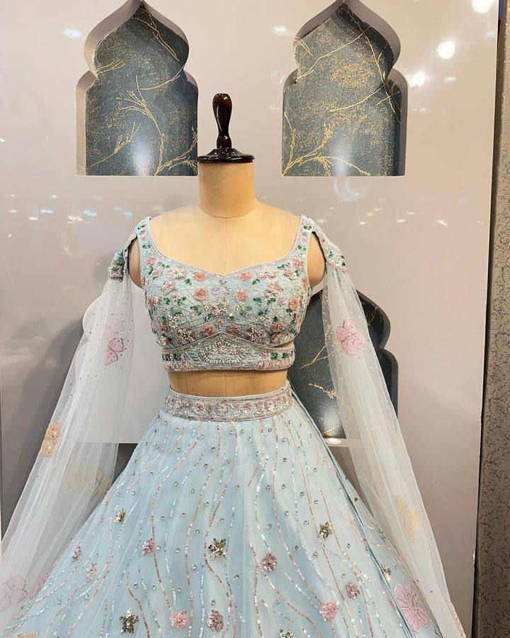 Thumbnail: Pastel Sky Organza Silk Lehenga with Double Sequins Cut Work