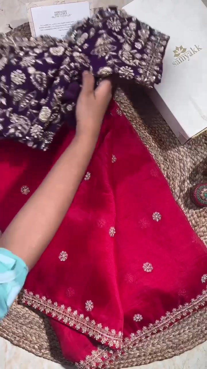 Thumbnail: Blood Red Organza Saree with Sequins &amp; Digital Print Blouse