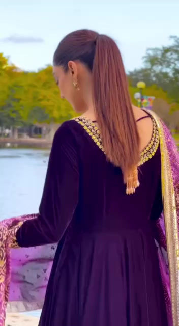 Thumbnail: Luxe Burgundy Designer Velvet Gown with Embroidery and Sequins