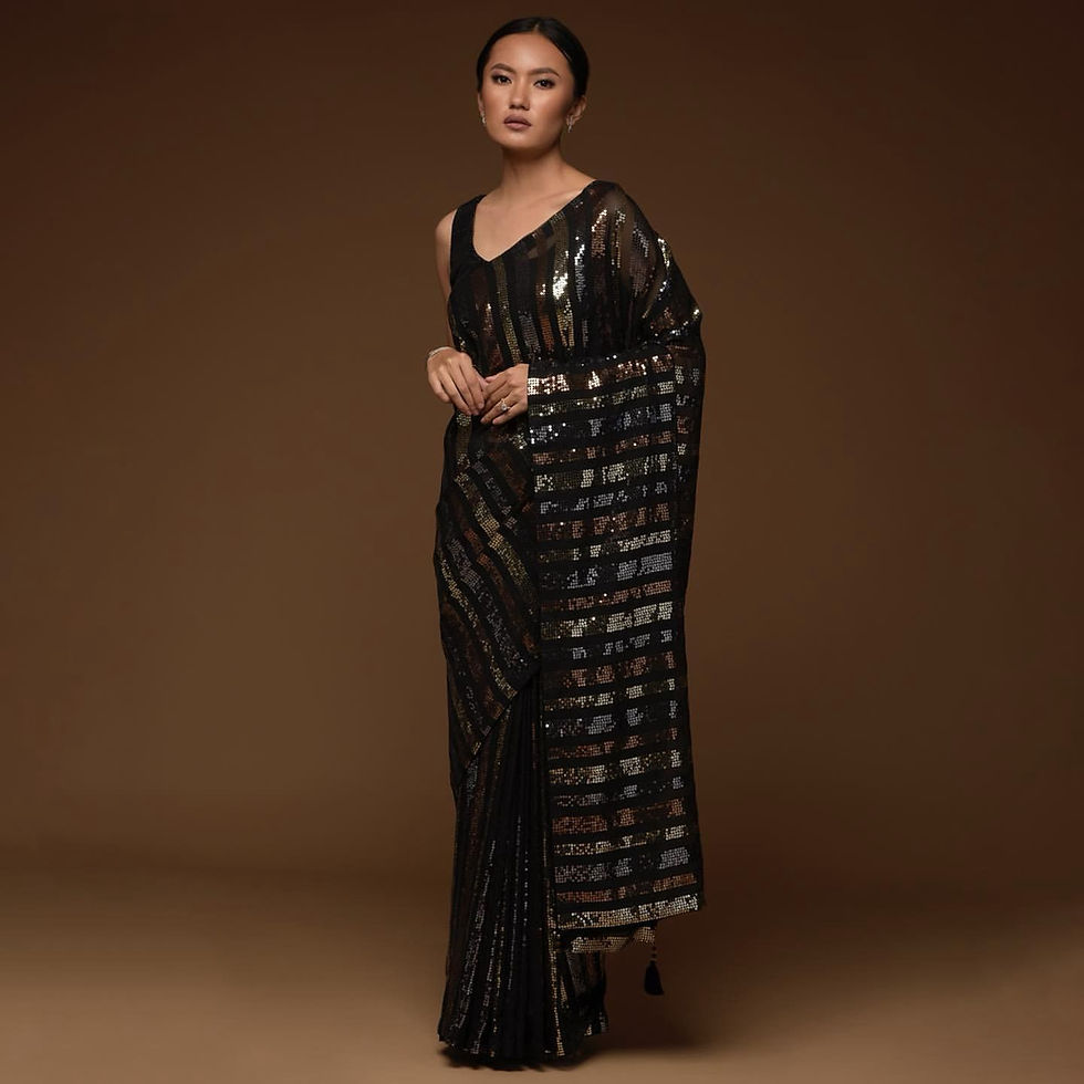 Thumbnail: Black Dazzling Triple Sequence Heavy Georgette Saree with Back Patch Border