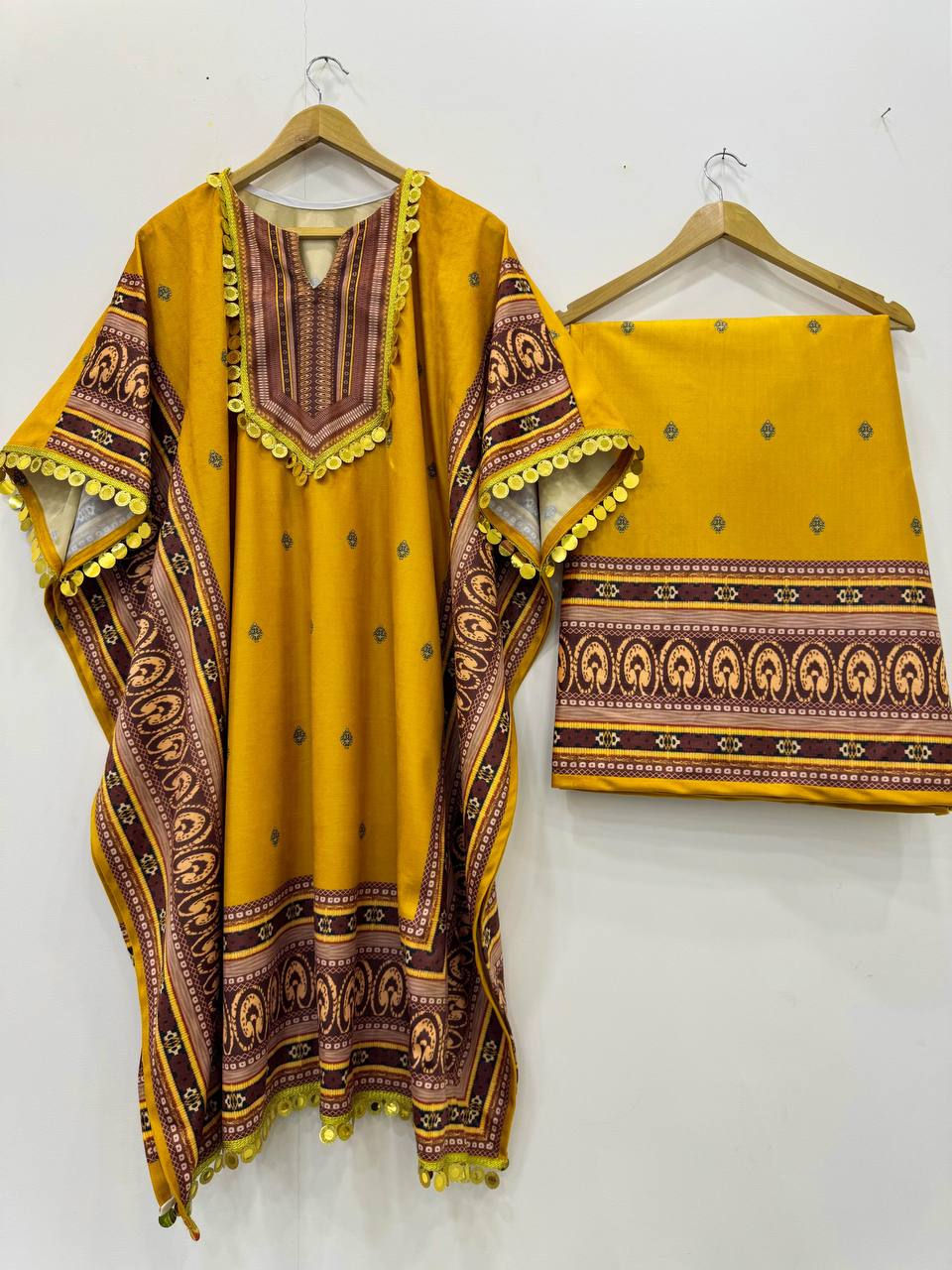 Thumbnail: Digital print velvet kaftan with matching plazo and elastic waistband