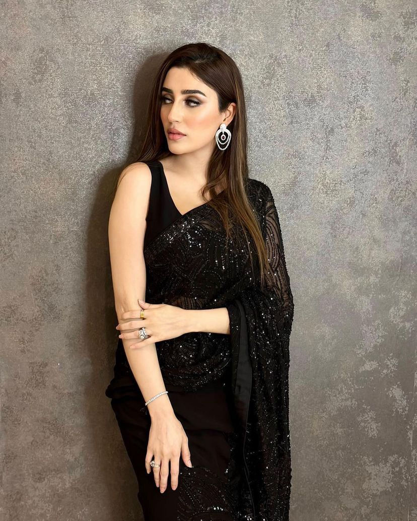Thumbnail: Black Majesty Sequinned Grace Georgette Saree with Lace Border
