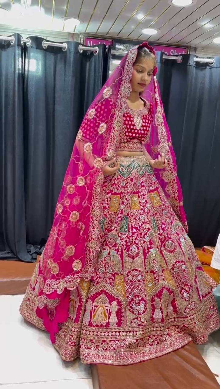Thumbnail: Bridal Satin Silk lehenga under 3000 collection pastel Rani Color