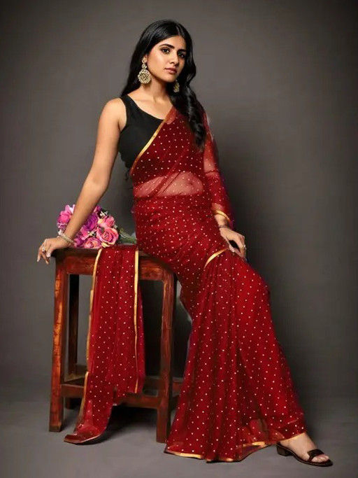 Red Polka Print, Embellished Daily Wear Chiffon Saree Saree Blouse