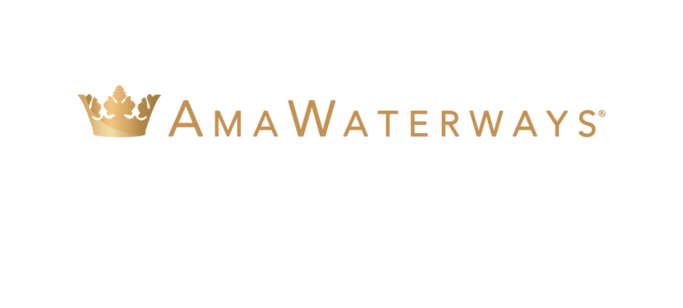 Gold AmaWaterways logo with a crown on a white background.