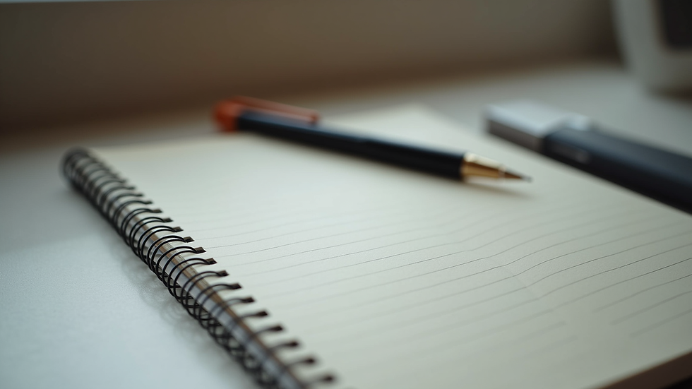 Close-up view of a notebook and pen on a desk ready for note-taking