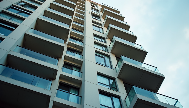 Eye-level view of a modern apartment building exterior with clear structural details