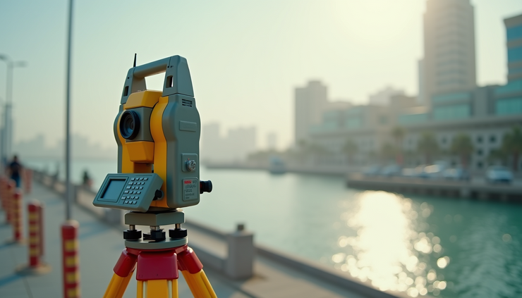High angle view of a surveyor working with a total station instrument near Abu Dhabi waterfront
