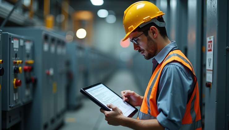 High angle view of electrical engineer reviewing inspection report on tablet