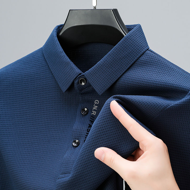 Thumbnail: Men's Waffle Long Sleeved POLO Shirt with Letter Printed Lapel Casual Top
