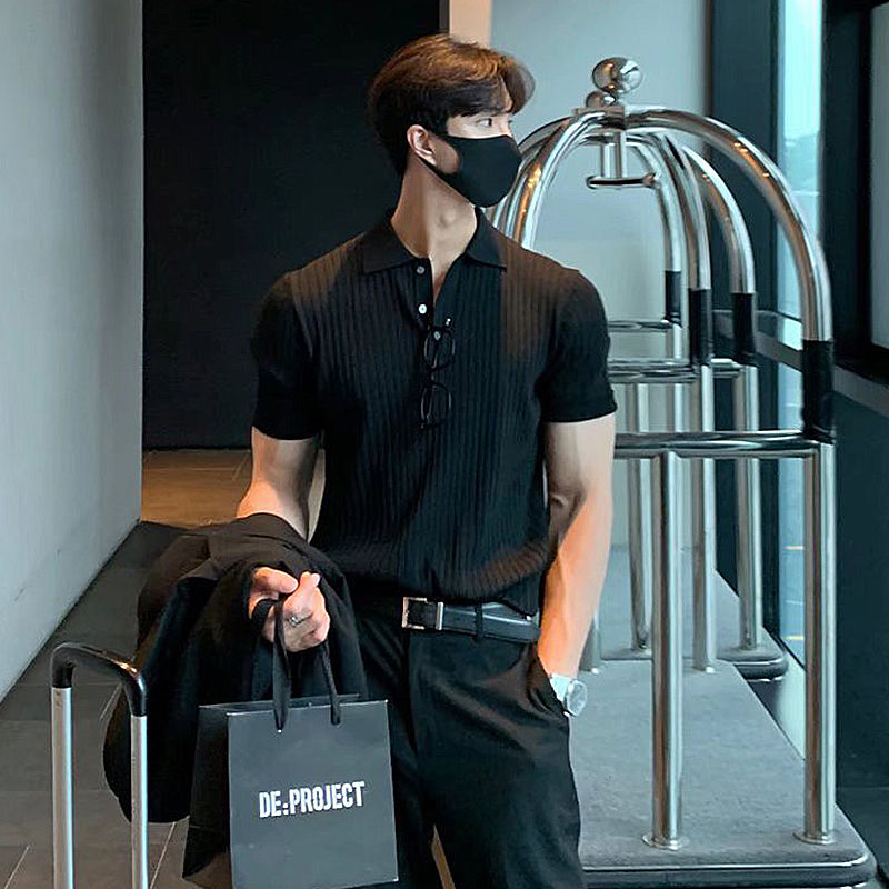 Thumbnail: Summer Men's Clothing Retro Knit Lapel Striped Polo Shirt Solid Color Short Slee