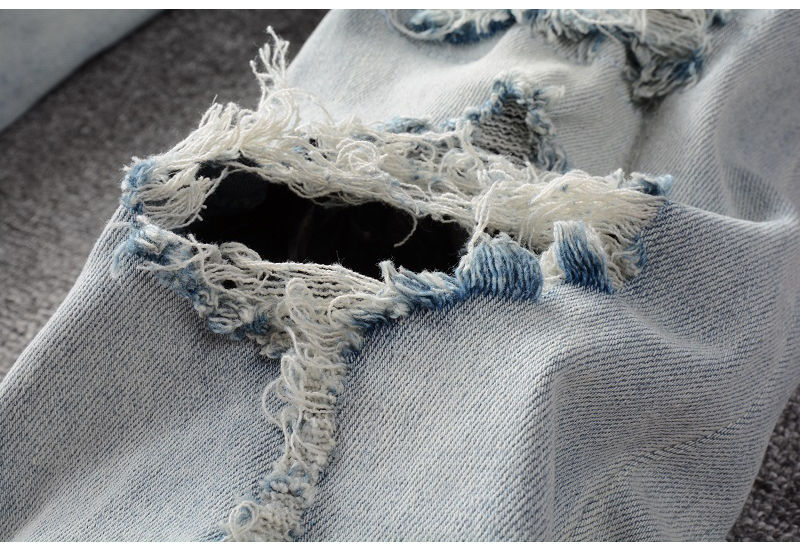Thumbnail: Men Crystal Holes Ripped Patchwork Jeans Streetwear Light Blue Denim Slim Skinny