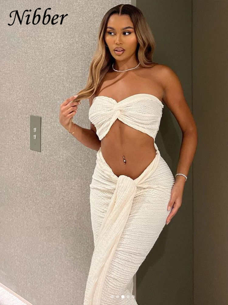 Thumbnail: Nibber Elegant Stacked Folds Two Piece Set Women Solid Thin Strapless Chest Tops