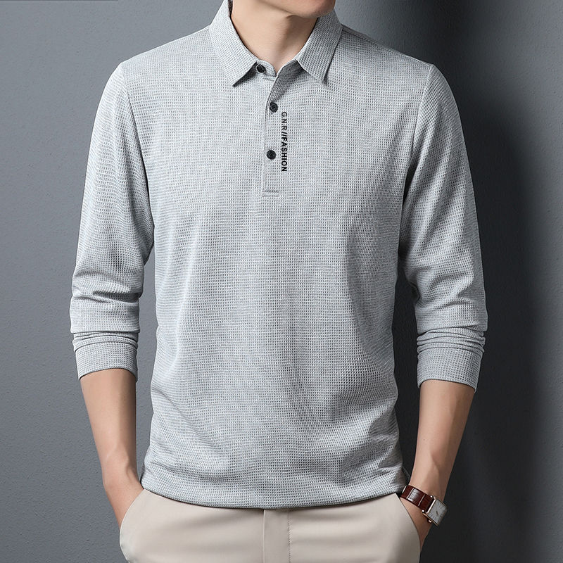 Thumbnail: Men's Waffle Long Sleeved POLO Shirt with Letter Printed Lapel Casual Top