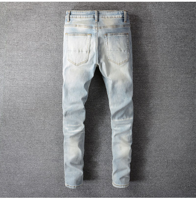 Thumbnail: Men Crystal Holes Ripped Patchwork Jeans Streetwear Light Blue Denim Slim Skinny