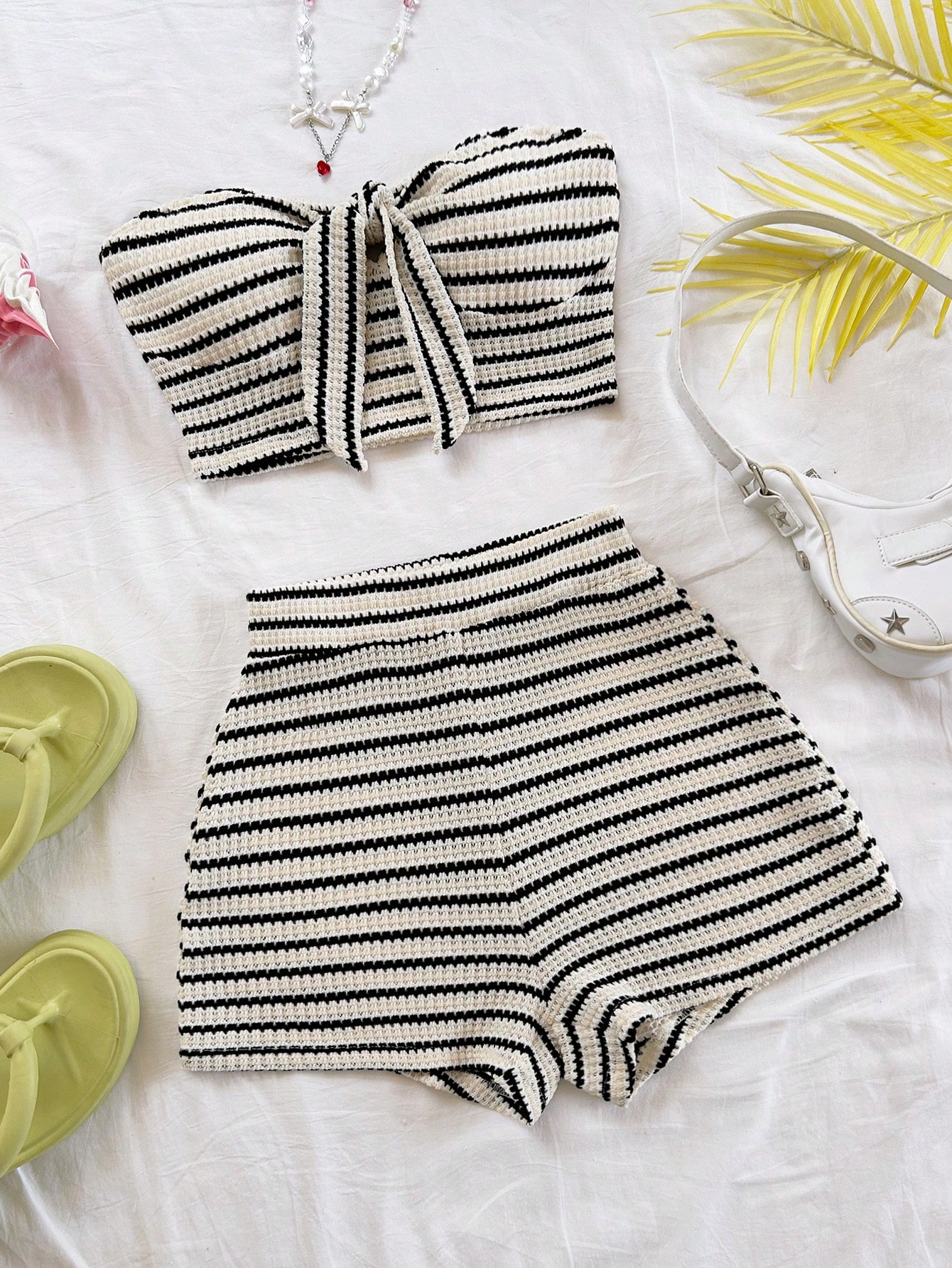 Women's Elegant 2-Piece Fashion Striped Set with Butterfly Detail Top and High-W