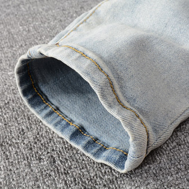 Thumbnail: Men Crystal Holes Ripped Patchwork Jeans Streetwear Light Blue Denim Slim Skinny