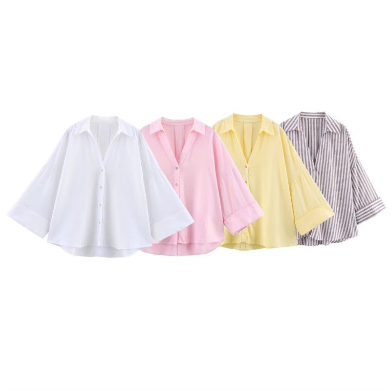 HipSeam Wide Sleeved Shirt Women Spring Asymmetric Hem Button Women's Shirts Sim