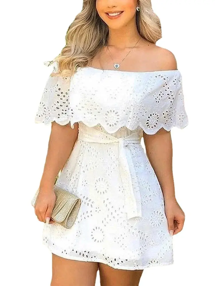 Summer Hollow Out White Dress Women 2025 New Fashion Off Shoulder Lace Up Mini D