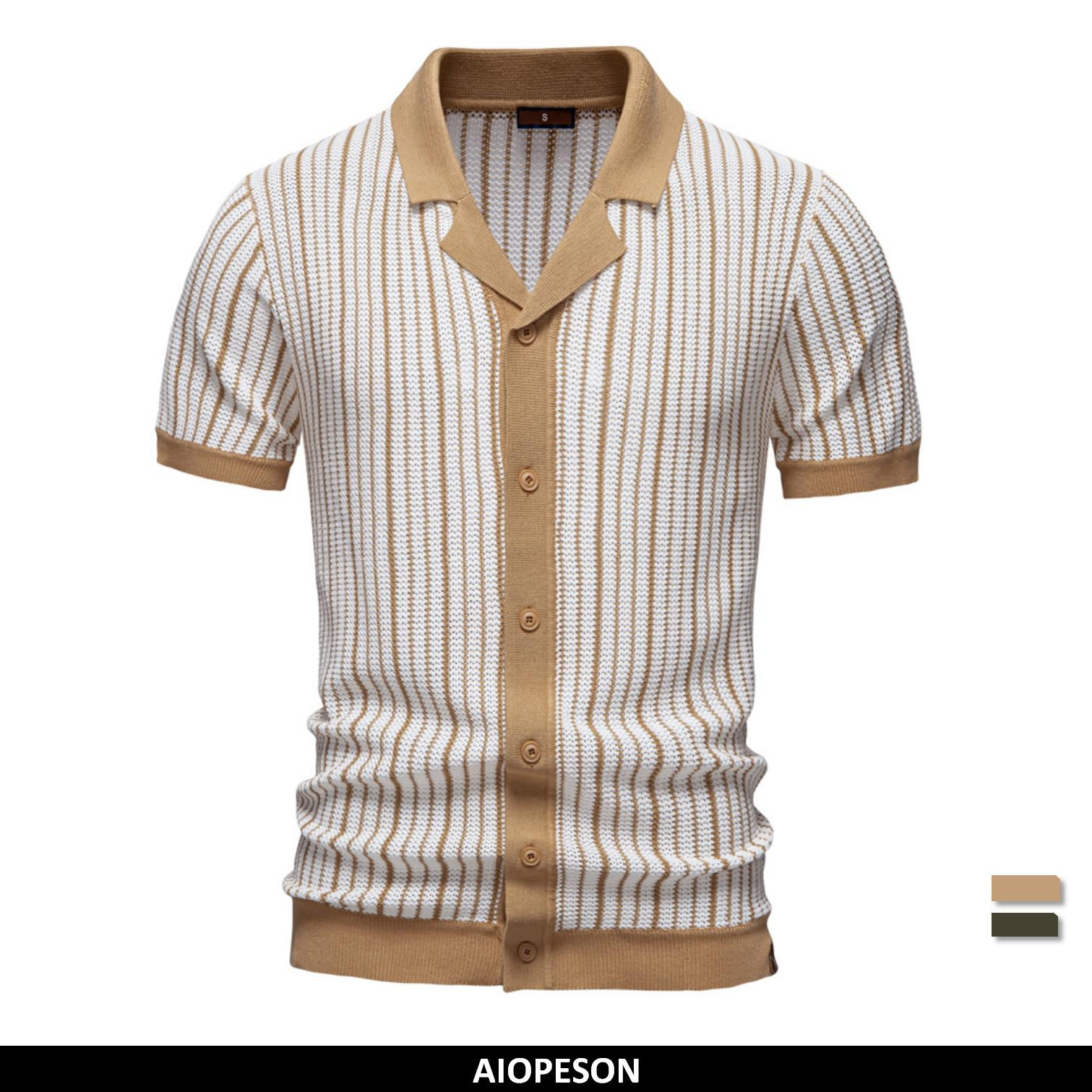 AIOPESON 2025 Men's Striped Mesh Polo Shirt - Breathable Contrast Panel Knit Top