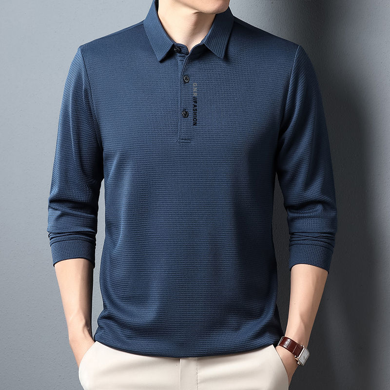 Thumbnail: Men's Waffle Long Sleeved POLO Shirt with Letter Printed Lapel Casual Top