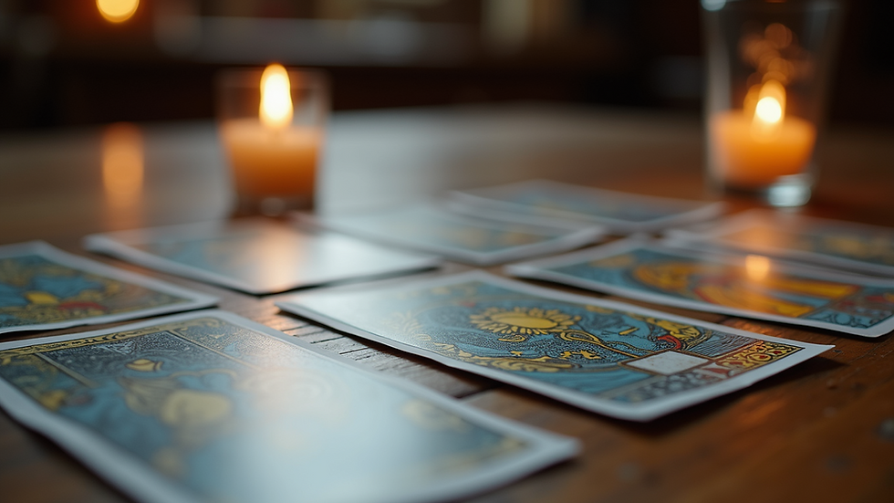Close-up view of tarot cards spread on a wooden table