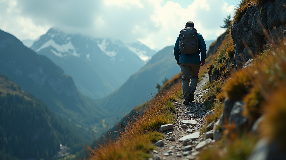 Close-up view of a person climbing a steep mountain path