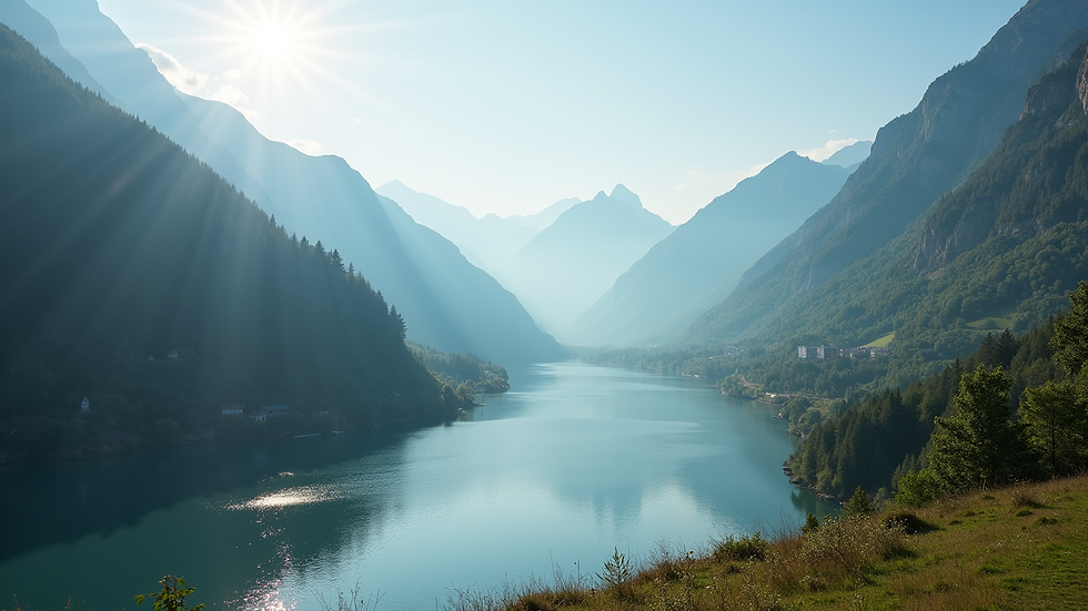 Wide-angle view of a serene landscape with mountains and a river