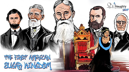 This title screen shows Queen Liliuokalani relinquishing her throne, plus busts of some of the men involved in her overthrow.