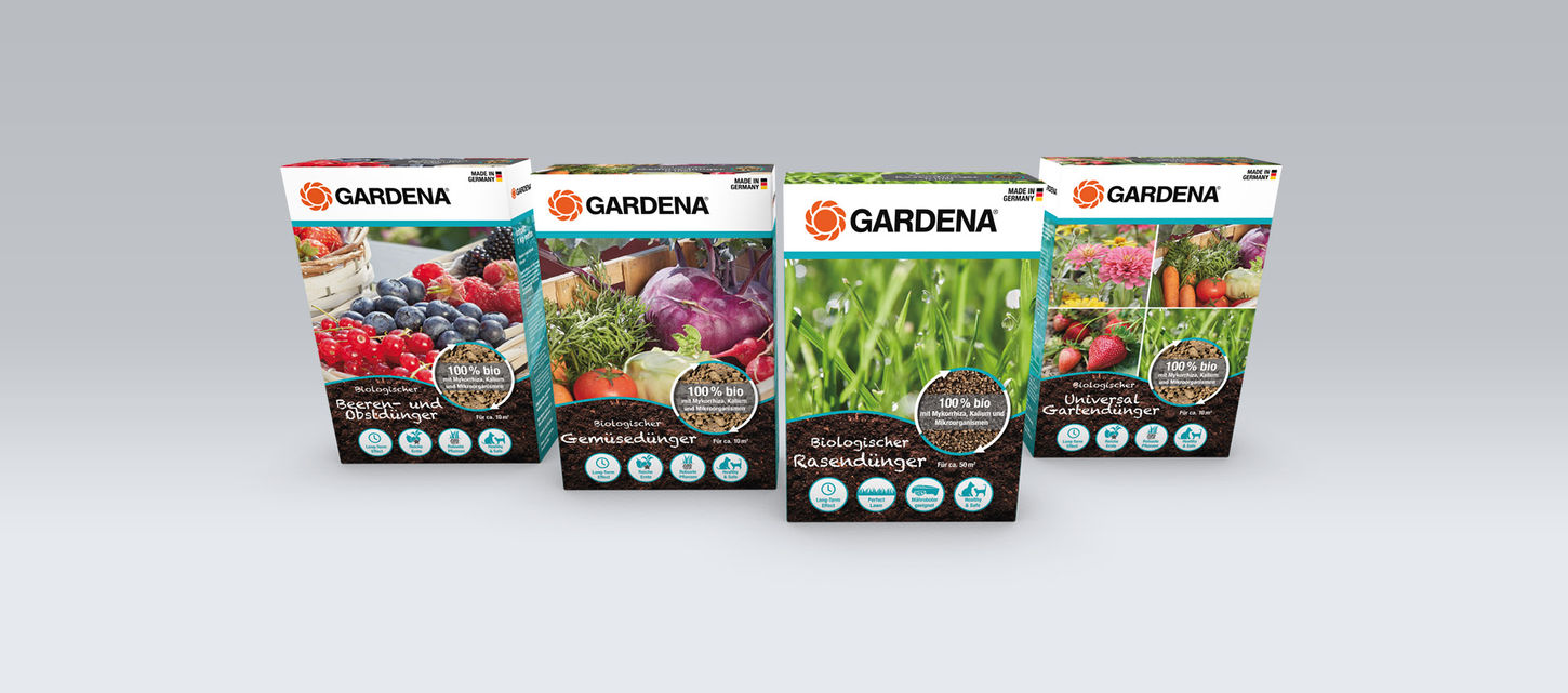 3D-Renderings für Rasendünger-Verpackungen von GARDENA