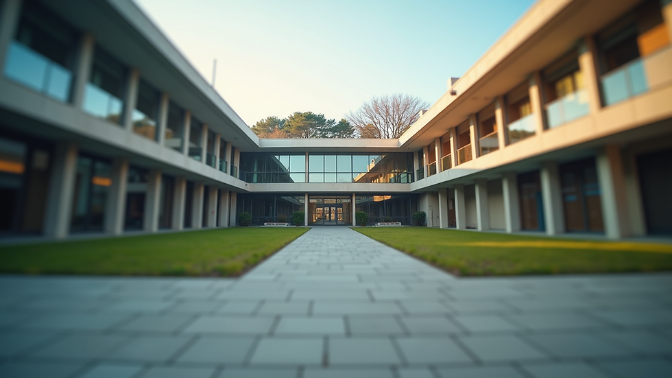 Eye-level view of a modern university campus building