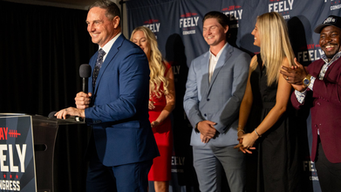 Former NFL kicker Jay Feely during his victory speech.