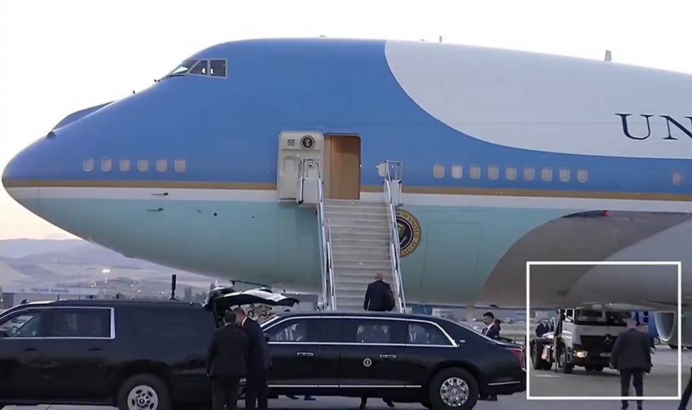 A catering truck parked behind the old Air Force One at the airport in Ankara, Turkey.