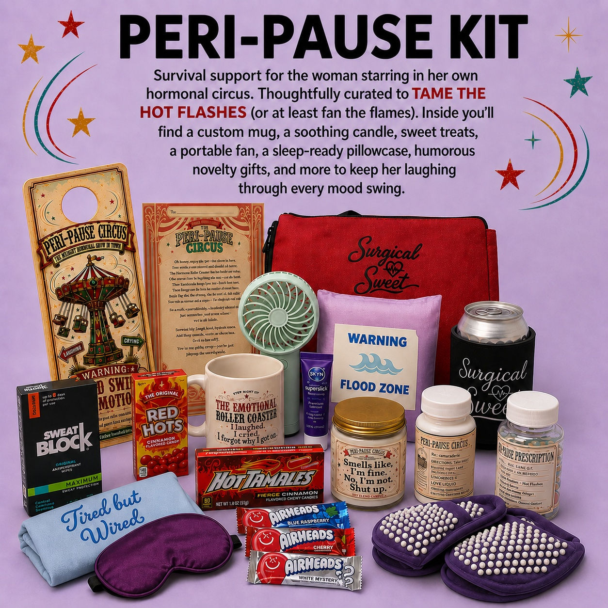 Peri-Pause perimenopause gift kit with funny comfort and self-care items