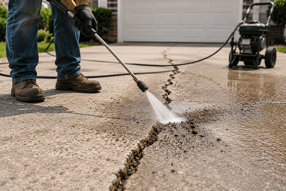 Person using a pressure washer to clean dirt and debris from cracks in a concrete driveway
