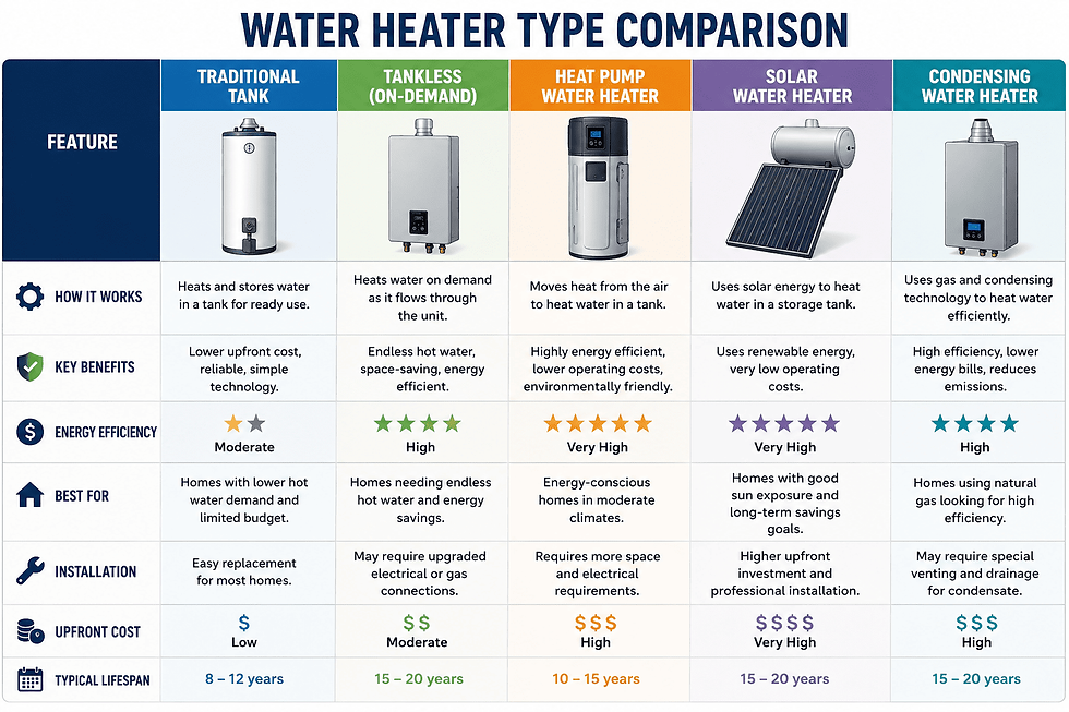 Variety of water heaters lined up, labeled with their average lifespan and energy efficiency ratings