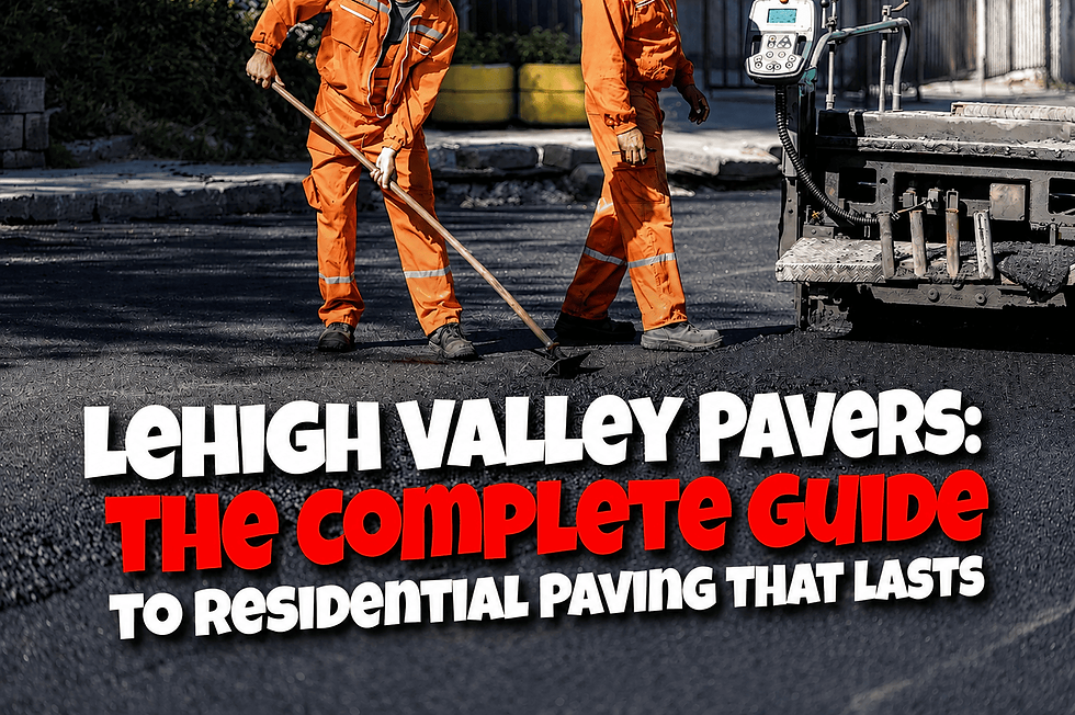 Construction workers paving fresh asphalt beside heavy machinery with bold white and red headline text reading: “Lehigh Valley Pavers: The Complete Guide to Residential Paving That Lasts.”