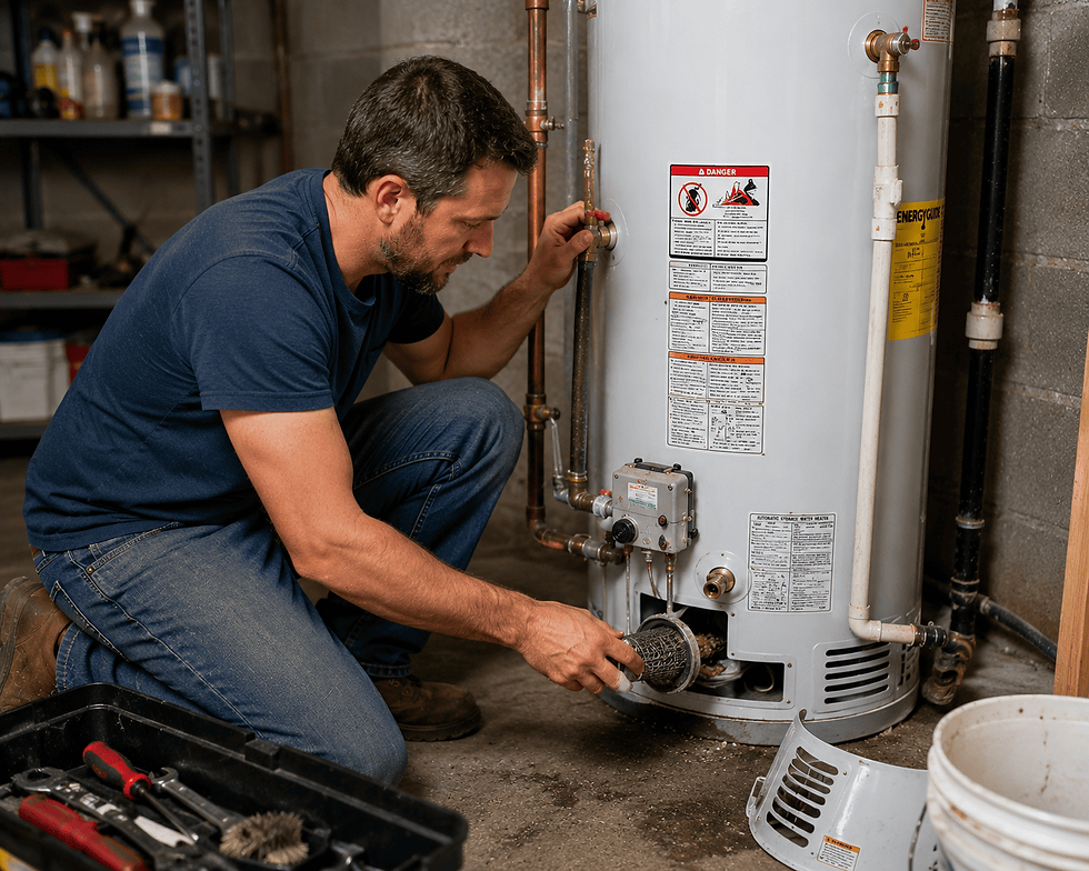 Homeowner performing routine maintenance on a water heater unit, including checking connections and cleaning filters