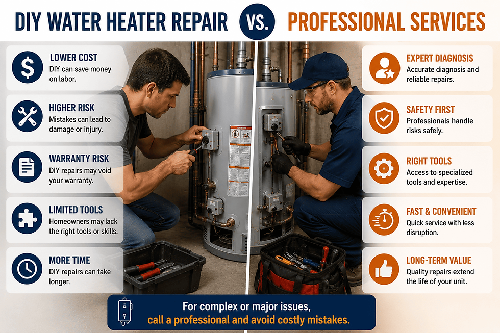 Side-by-side comparison of DIY water heater repair and professional repair services.

