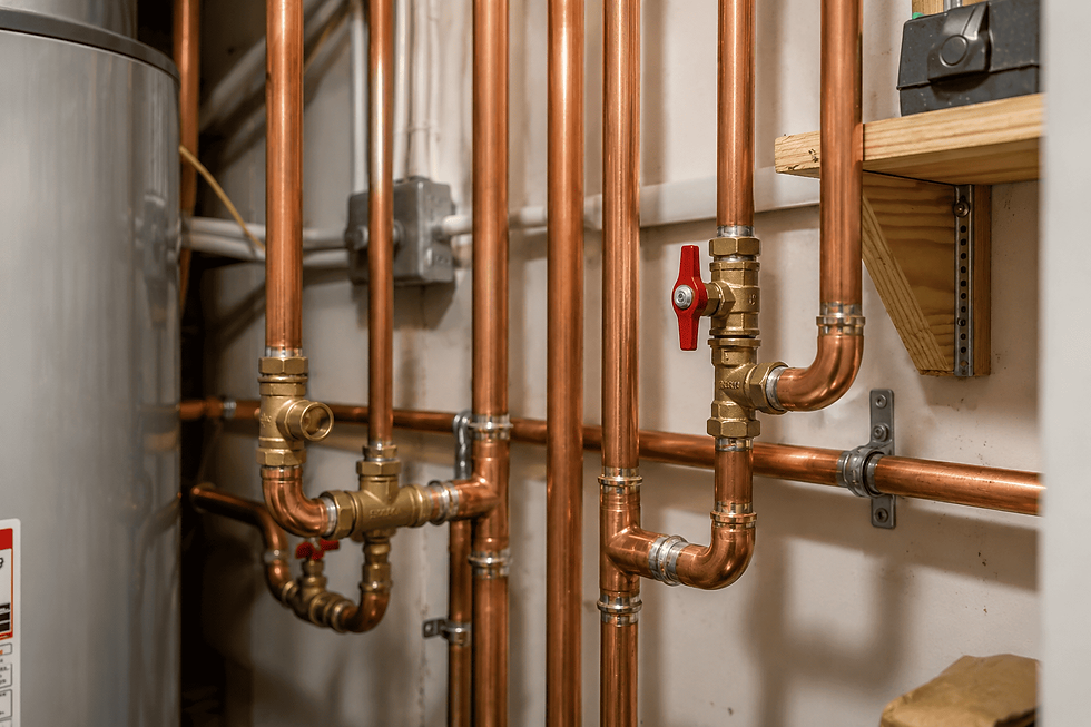 New copper plumbing pipes and shutoff valves installed alongside a residential water heater.