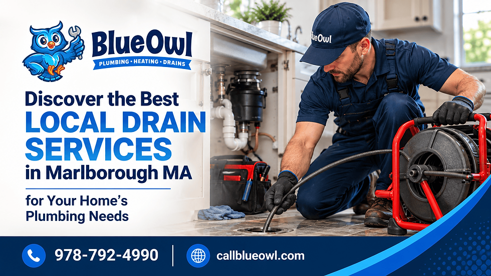 Blue Owl Plumbing featured image showing a plumber performing local drain services in Marlborough MA using professional drain cleaning equipment.