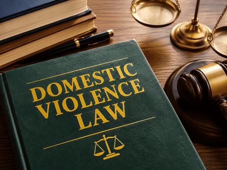 Close-up of a domestic violence law book beside a judge’s gavel and scales of justice on a wooden desk in a legal office setting.