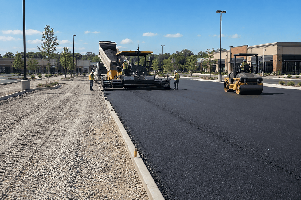 Parking lot paving project progressing from site preparation to fresh asphalt